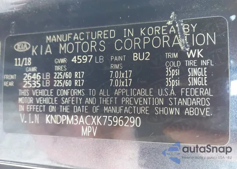 2019 Kia Sportage Lx z USA, uszkodzony, nr VIN KNDPM3ACXK7596290